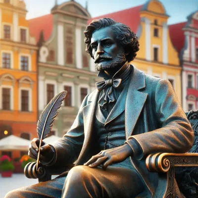 DALL·E 2024-10-29 20.48.06 - A detailed statue of Polish playwright Aleksander Fredro on the Wrocław Market Square, seated in a dignified pose without any text or captions. He hol